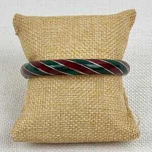 Jiu Long Xing Red Green Enamel Hinge Bracelet Vintage Gold Tone.